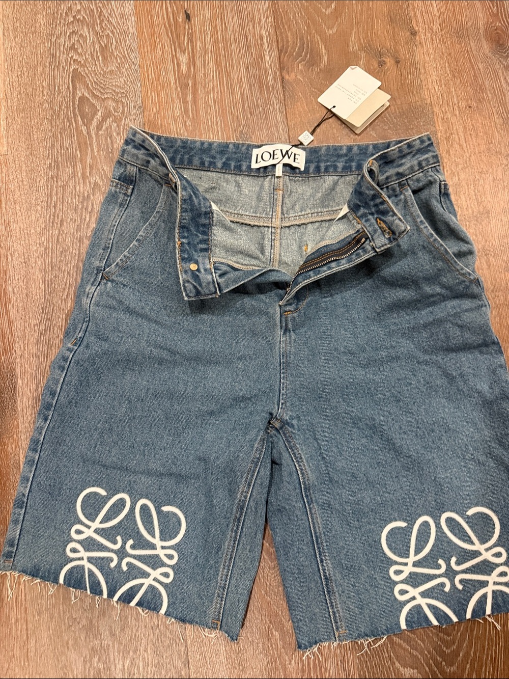 Loewe Blue Denim Boyfriend Shorts with White Logo Embroidery size 38/waist 82cm.